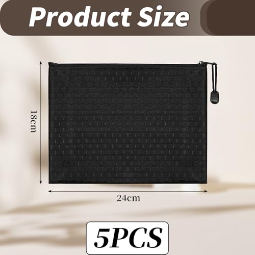 Xynovate 5 Stück Geldtasche, Banktasche mit Reißverschluss, Dokumententasche Schwarz A5, Geldmappe Wiederverwendbar Wasserdicht für Haushalt, Business, Schule