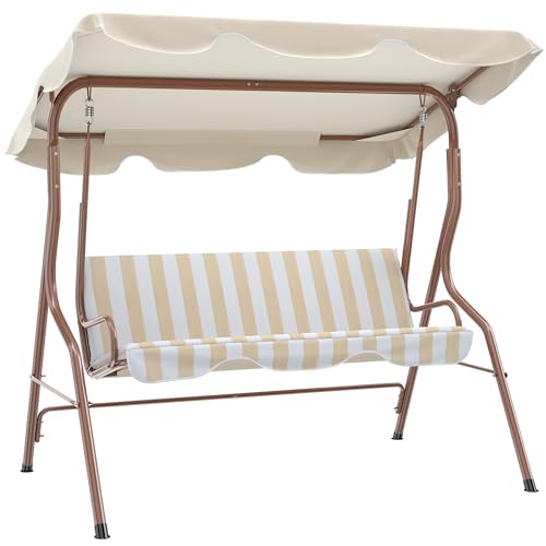 Outsunny Balancelle de Jardin 3 Places Toit imperméabilisé Inclinaison réglable Coussins Assise Dossier 1,7L x 1,1l x 1,53H m Acier Polyester Marron crème...