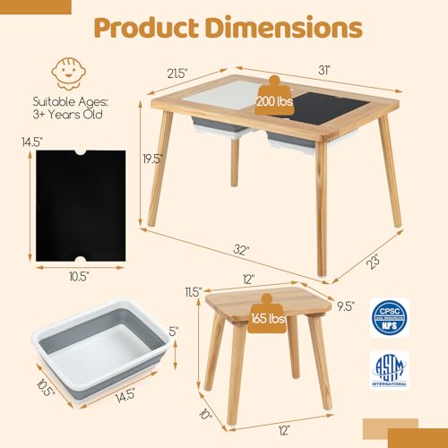 Image of Costzon Toddler Sensory Table and Chairs, Wooden Table and Chair Set w /Double-Sided Boards & 2 Foldable Storage Bins, All-in-One Kids Activity Table for Drawing, Sand and Water Play (3 PCS,Natural)