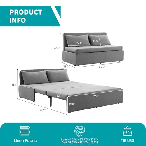 Image of BALUS 64 inch W Queen Size Pull Out Sleeper Sofa Bed Couch with Pullout Bed, 2 in 1 Convertible Linen Loveseat Sofa Sleepers with Pillows and Tri-fold Mattress for Small Space Loft Home Office, Light Grey