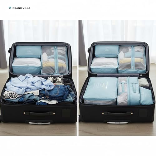 Image of BRAND VILLA 7 Pcs Travel Organizer Set Packing Cubes Luggage Organizer Bags with Shoe Bag, Laundry Pouch & Toiletry Bag for Clothes, Shoes, Accessories, Lightweight Travel Storage for Suitcase (Blue)