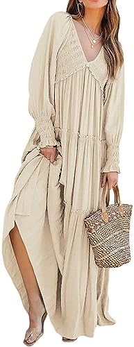 R.Vivimos Maxi Dress for Women Long Sleeve V Neck Empire Waist La...