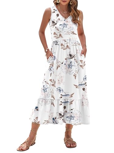 Image of AUSELILY Womens Summer Maxi Dress Casual Sleeveless V Neck Floral Dresses | A line shape with practical side pockets, Vacation dress for resort walks, Pair with low heels and simple jewelry