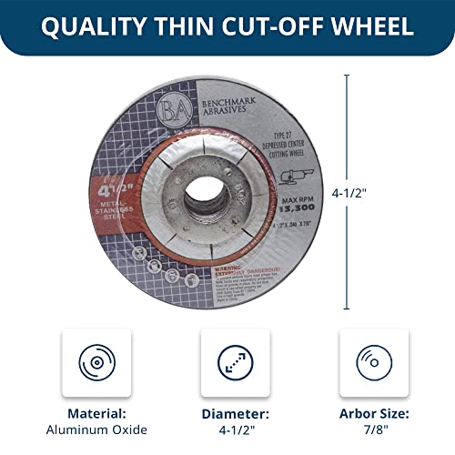 Benchmark Abrasives 4-1/2" Aluminum Oxide Depressed Center Thin Cut Off Wheel .040" Thick 7/8"Arbor, Metal Cutting Grinding Wheel, Angle Grinding Cutting Wheel - 50 Pack #TOP4