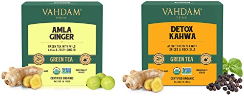 Image of VAHDAM Organic Amla Ginger Tea - 15 Green Tea Bags & VAHDAM, Organic Detox Kahwa Green Tea- 15 TBS