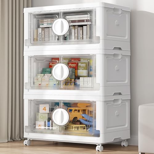 Image of BROVIEW 360Qt Lockable Stackable Storage Bins with Lids, Closet Organizers and Storage Drawer, Collapsible Storage Bin with Wheels, Plastic Cabinet for Toy Clothes Dorm Organizer, V9 3 Pack White