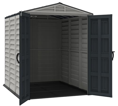 Duramax YardMate PLUS 5 x 8 (4.28 m²) Kunststoff gerätehaus mit robustem Kunststoffboden, Dachkonstruktion aus robustem Metall, feuerhemmend und wartungsfrei, Dunkelgrau und Adobe