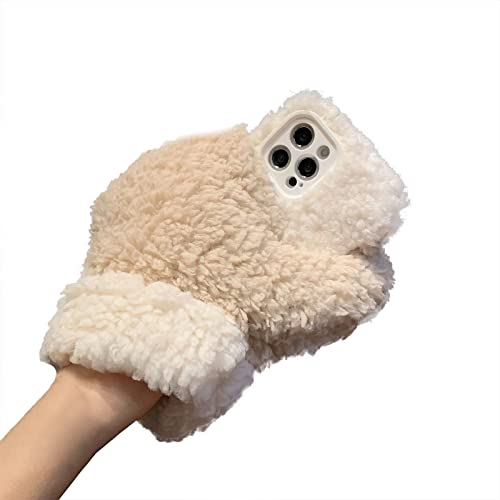 BFEW Plush Gloves Case for TCL T-Mobile Revvl 4 Plus,Unique Windproof Soft Furry Fur Hair Winter Warm Fluffy Fuzzy Silicone Shockproof Back Phone Protective Cover for Girls Women,Beige