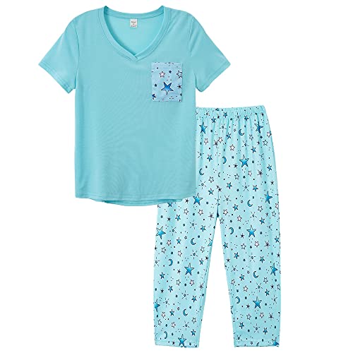 Image of YIJIU Women Soft Comfy Pajamas Cute Cat Short Sleeve Capri Pants PJS Set