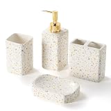 4 Piece Bathroom Accessories Set - Modern Terrazzo Pattern Includes Lotion Dispenser, Toothbrush Holder Tumbler, and Soap Dish - Glossy Finish