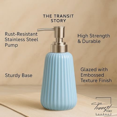 Image of Ceramic Soap Dispenser 330ml (Set of 1) | Liquid Hand Wash Pump Bottle for Bathroom & Kitchen, Multipurpose Lotion, Shampoo, Conditioner, Gel, Sanitizer Dispenser | Blue