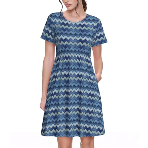 Robe d'été imprimé denim dégradé bleu chic et légère à manches courtes pour femme