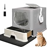 HelloMiao XL Enclosed Cat Litter Tray with Stainless Steel Drawer & Lid - Extra Large, Leak-Proof and Odor-Control Covered Design Litter Box for Indoor Cats, Includes Litter Scoop & Mat