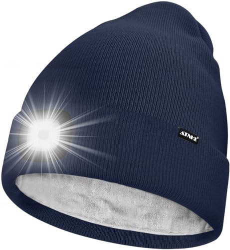 ATNKE LED Lighted Beanie Hat,USB Rechargeable 4 LED Running Headlamp Ultra Bright Cap with Light Hands Free Head Torch Winter Warm Lined Fleece Knit Beany Gifts for Men and Women/Light Navy Blue