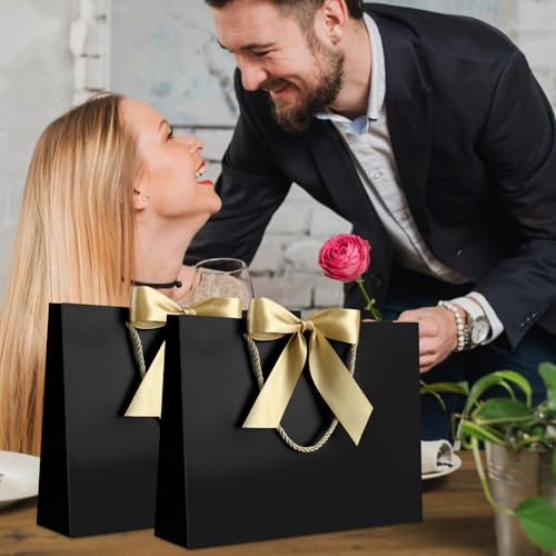 Image of JMANNI Black Gift Bags with Handles, 13 inch Medium Gift Bag for Presents, 1 Pcs Bags with 2 Tissue Paper and 1 Cards for Graduation Wedding Men Birthday Anniversary 4th of July Bachelor Party Decorations
