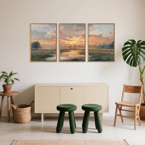TOARTi Large Framed Abstract Sunset Landscape Canvas Wall Art,Nature Sunset Scenery Painting Wall Decor, Watercolor River Grassland Art Prints for Farmhouse Home Living Room Bedroom Office-24”x35”x3
