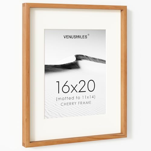 Image of 16 x 20 Picture Frame, USA-Sourced Natural Cherry Wood Photo Collage Frame with HD Tempered Glass, Modern Simple 16x20 Wooden Frame Matted to 11x14, Vertical & Horizontal Wall Hanging Display