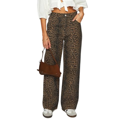 Women's Y2K Oversized Baggy Leopard Print Wide Straight Leg Jeans Stretchy High Waisted Cheetah Cargo Denim Pants