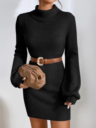 Image of Turtleneck Sweater Dress for Women Lantern Sleeve Mini Bodycon Ribbed Knit Sweater Pullover Short Dresses XS-XXL