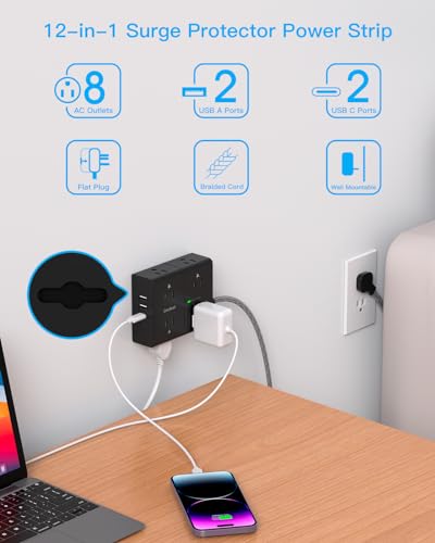 Image of 10 Ft Flat Plug Extension Cord with Multiple Outlets, One Beat Surge Protector Power Strip 10 Ft Long Cord, 8 Outlet 4 USB Ports(2 USB C), Long Extension Cord for Home Office College Dorm, Black