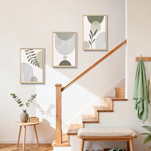 Impression Sur Toile Boho pour Salon, Set de 3 Tableaux Géométriques Vert et Gris - 4