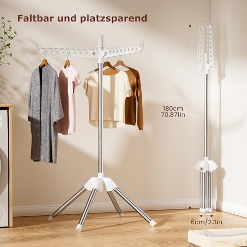 Mavivegue Wäscheständer, Klappbarer Standtrockner,3 Drehbare Arme für Kleiderbügel, 4 Beine, Ausziehbar Wäscheständer für Drinnen und Draußen, Platzsparend,154cm hoch (Weiß-Silbern)