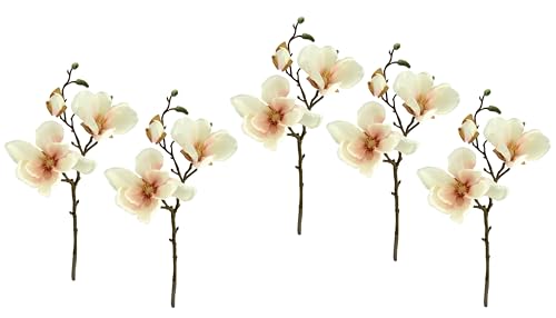 Rama de Magnolia Artificial de 38 cm – Juego de 5 Flores Artificiales de Magnolia Blanca y Rosa – Flores de Seda realistas para decoración de jarrón de Primavera Boda salón