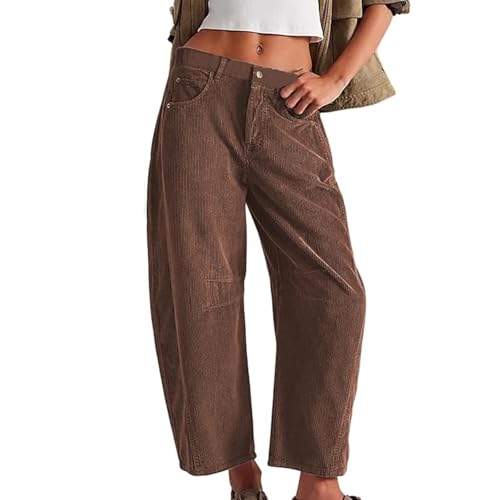 Bowanadacles Women Corduroy Capri Pants Solid Color Wide Leg 3/4 Length Long Pants Corduroy Low Waist Trousers with Pockets