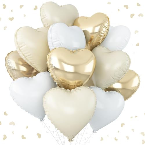 Herz Folienballons 24 Stück, 18 Zoll Herz Helium Luftballons Heliumballon Herzen Hellgold, Creme Beige und Weiss Herzballons Folienluftballon für Geburtstag Party Hochzeit Dekoration (A)