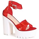  topschuhe24 2179 Damen XXL Plateau Sandaletten Pumps Transparent, Farbe:Rot, Größe:39 EU
