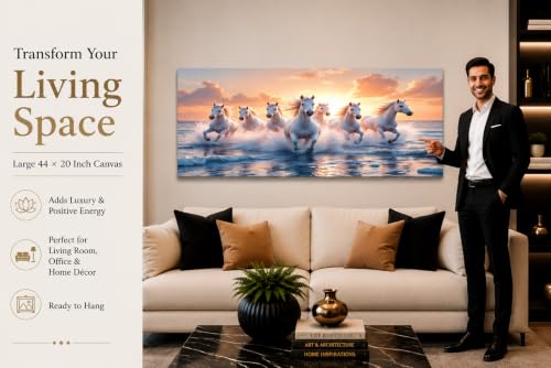 Image of 7 Horse Vastu Sunrise Canvas Painting | Positive Energy Wall Decor | Big Size Premium Running Horses Artwork for Home, Office & Hall Decoration (Modern, Water Pink Horse, 44x20 Inch)