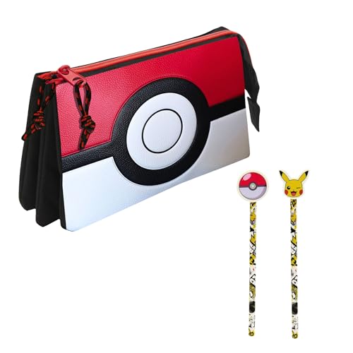 Pokemon Estuche para Niños, Diseño Pokeball Clasico Estuche Triple, Set Escolar Incluye 2 Lapices y 2 Gomas de Borrar, Pikachu Portatodo, Material Escolar para Niños