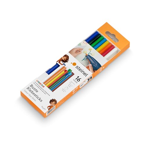 Steinel Barritas de pegamento termofusible 85°C Color, Barritas de pegamento termofusible multicolor de 7 mm, cartuchos de 16 unidades, para pistola de pegamento GlueMatic 1007-LT