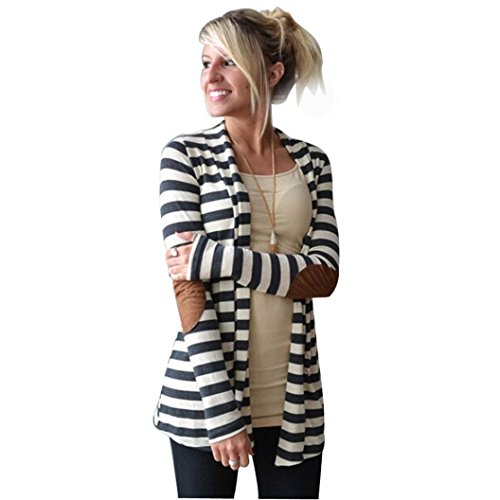 Preisvergleich Produktbild Binggong Coat Damen, Frauen Beiläufige Lange Hülsen Schwarz Weiß Gestreifte Strickjacken Patchwork Slim Outwear offene Strickjacke Pullover Mantel mit Taschen (Sexy weiß, 3XL)