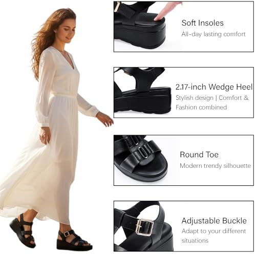 Image of Platform Sandals Women Chunky Wedge Sandals for Women Comfortable | Women's Flat Summer Shoes Round Open Toe with Arch Support Wide Strap Faux Leather Wedges for Beach Camping Travel Office
