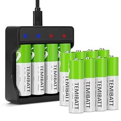 TEMIBATT Rechargeable AA Lithium Batteries (1500mAh) – 12 pack, with Charger.