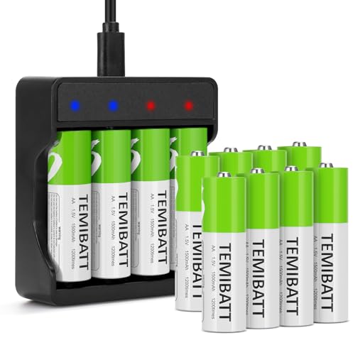 TEMIBATT Rechargeable AA Lithium Batteries (1500mAh) – 12 pack, with Charger.