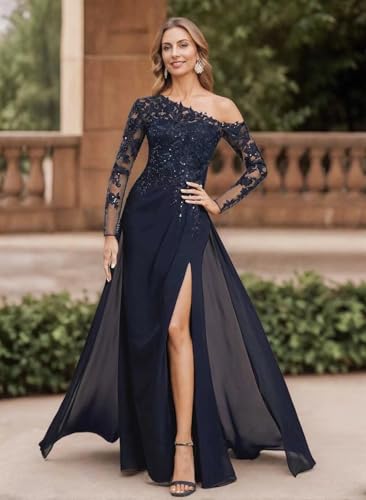 One Shoulder Mother of The Bride Dresses for Women Sequin Lace Chiffon Long Formal Wedding Guest Dress with Slit2