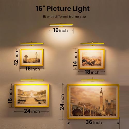 Image of Picture Light 3Pack- 16in Picture Lights for Wall, 5000mAh Wireless Rechargeable Battery Picture Lights, Wall Light, Art Display Light for Gallery Artwork, Paintings, Portraits, Dartboards- Gold