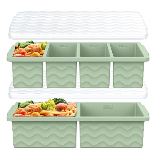 Image of Silicone Freezer Molds for Soup with Lid, 1-Cup & 2-Cup Large Ice Cube Trays Food Storage Containers for Meal Prep, Freeze 500mL/250mL/125mL Portions – 2 Pack