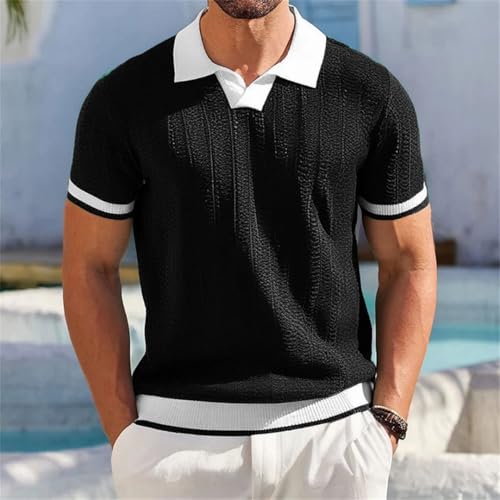Mens Summer Casual Turn-Down Collar Breathable Knit Short Sleeve Slim Pullover3
