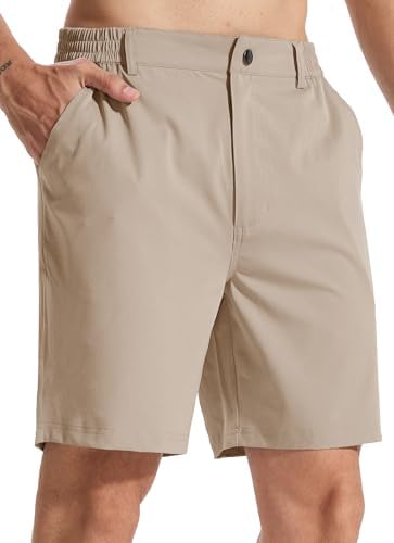LeapsLion Men's 7" Lightweight Golf Shorts Casual Quick Dry Breathable Stretch Work Hiking Fising Flat Front Shorts with 3 Pockets Khaki M