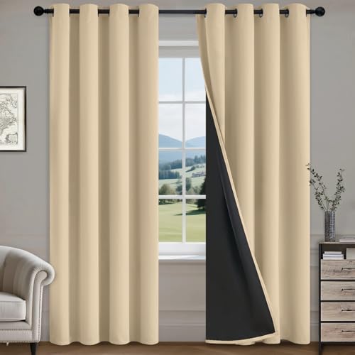 Image of COSVIYA 100% Beige Blackout Curtains for Living Room 84 Inches Length | Room Darkening Light Blocking Drapes for Bedroom, Grommet Thermal Insulated Window Panels with Black Liner, W52xL84,2 Panels