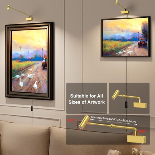 Image of Picture Light for Wall with Retractable Arm, Rotatable Indoor Picture Light Mini Accent Spotlight Plug in, Dimmable LED Picture Frame Light with Remote, Gold-Electroplated Wall Art Light 2700K