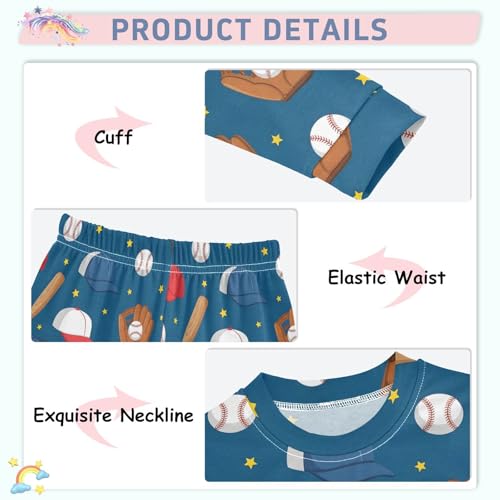 Pajama Sets Long Sleeve Baseball Equipment Pattern on Blue Soft Comfy Sleepwear 2 Piece PJS 3-8T4