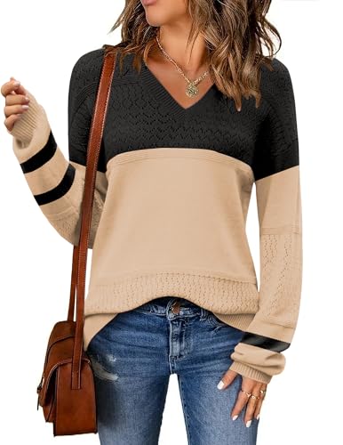 Image of Zeagoo Womens 2026 Fall Sweaters Casual Long Sleeve Ribbed Knit Pullover V Neck Lightweight Crochet Pullover Sweater Top