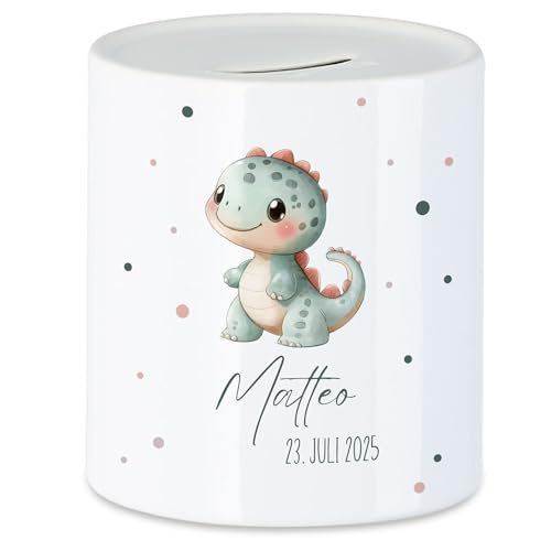 Spardose Kinder mit Namen Personalisiert, Tiermotiv Dino Geschenk für Mädchen & Junge Geburtstag, Weihnachten, Geburt und Taufe - Sparschwein Geldgeschenk und Wunscherfüller
