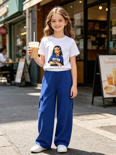 Image of Ayzozuy Kid Girl Clothes Outfits Figure Letter Graphic Tee Top + Flap Pocket Pants 2PC Clothing Set