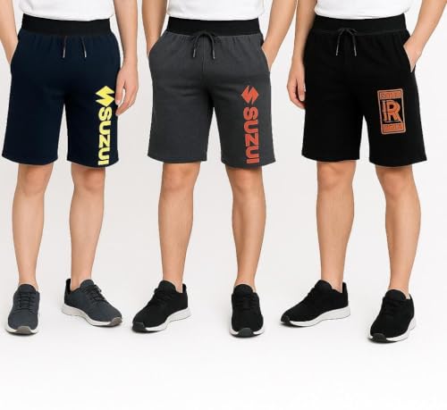 Image of Men's Cotton Blend Athletic Shorts, Pack of 3, Side Pockets, Black Grey Navy