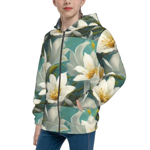 White Flowers in Watercolor Kid Hoodies Boys Zip Up Sweatshirts Girls Pullover with Pocket